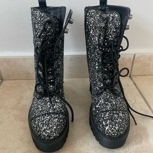 Michael Kors Women's Bryce Lug Sole Platform Combat Boot Black/Silver Glitter